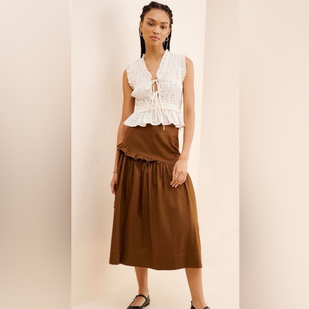 Anthropologie Allina Liu Brown Cotton Asymmetrical Ruffle Midi Skirt L